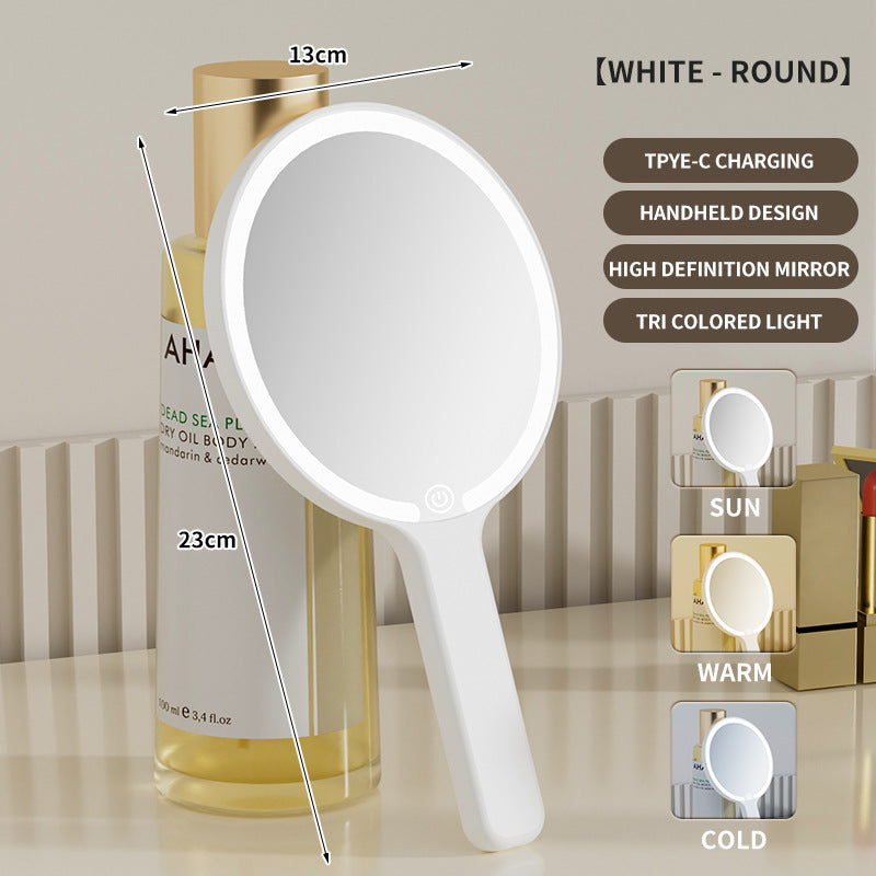 White Round Portable Handheld LED Makeup Mirror - USB-C Rechargeable with 3 Color Light Modes for On-The-Go V888-ELOSUNG27719