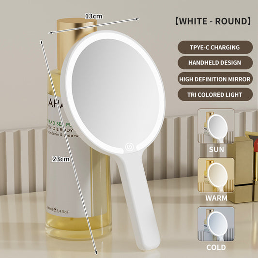 White Round Portable Handheld LED Makeup Mirror - USB-C Rechargeable with 3 Color Light Modes for On-The-Go V888-ELOSUNG27719