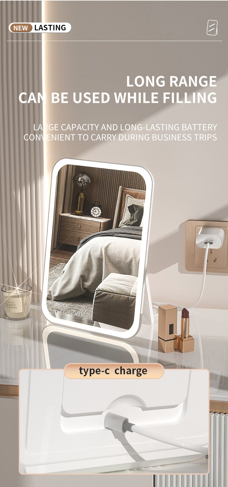 White Professional LED Vanity Mirror - 3 Color Lights, Stepless Dimming & Adjustable Rotating Stand, USB-C V888-ELOSUNG27720