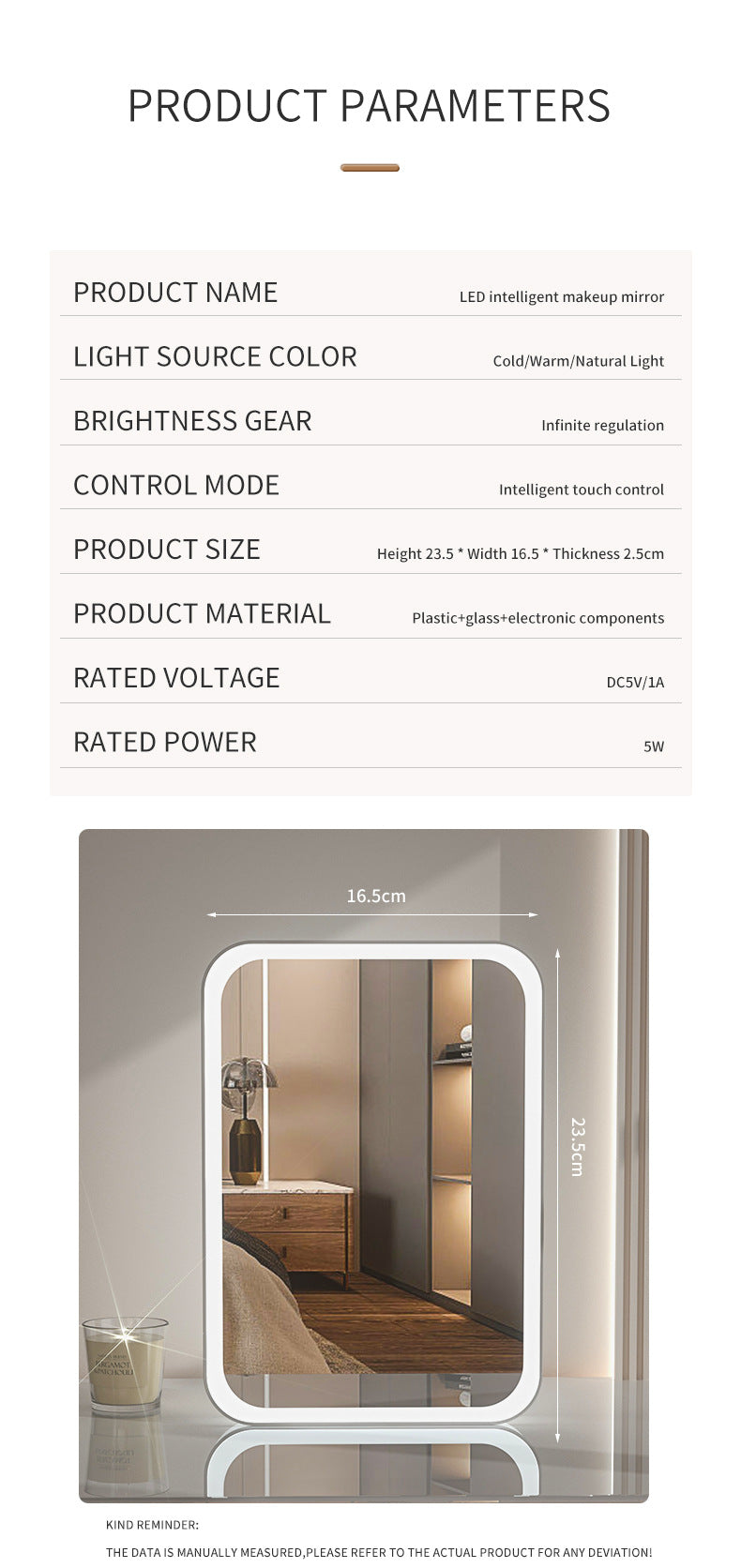 White Professional LED Vanity Mirror - 3 Color Lights, Stepless Dimming & Adjustable Rotating Stand, USB-C V888-ELOSUNG27720
