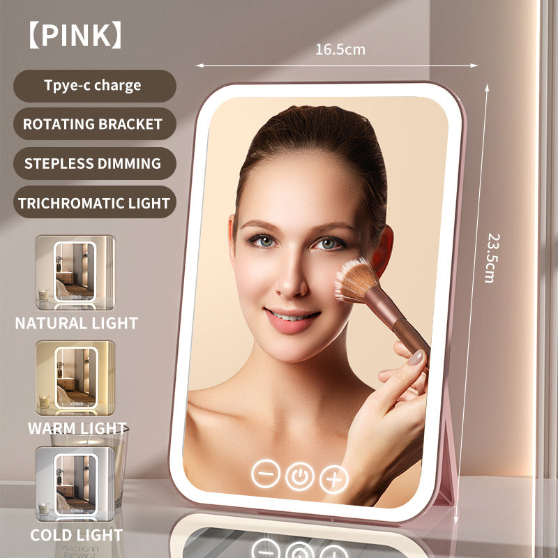 Pink Professional LED Vanity Mirror - 3 Color Lights, Stepless Dimming & Adjustable Rotating Stand, USB-C V888-ELOSUNG27721