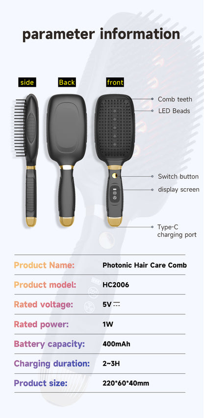 Black Advanced 3-in-1 Scalp & Hair Care Massage Comb - Red Light Therapy, EMS Microcurrent & Vibration for V888-ELOSUNG27734