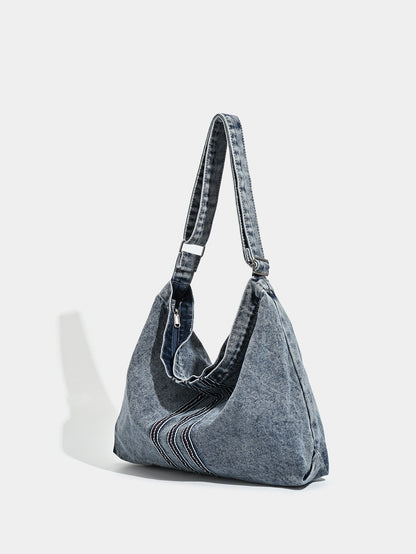 Blue Retro Washed Denim Hobo Bag - Large Capacity Shoulder & Crossbody Tote for Casual Everyday & Commute V888-ELOSUNG27744