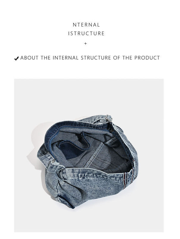 Blue Retro Washed Denim Hobo Bag - Large Capacity Shoulder & Crossbody Tote for Casual Everyday & Commute V888-ELOSUNG27744