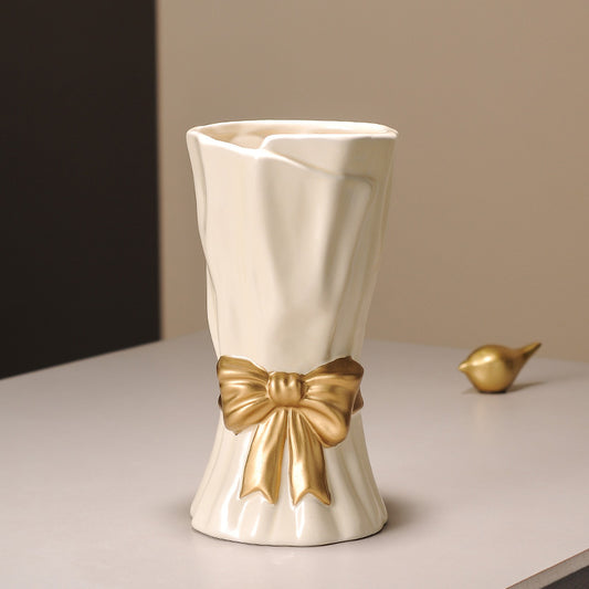 Beige Elegant Ceramic Vase with Golden Bow Accent - Textured Relief Flower Holder for Living Room & Dining V888-ELOSUNG27750