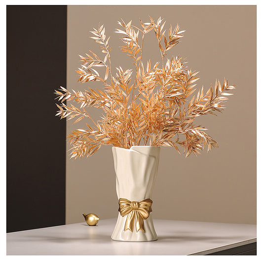 Beige Elegant Ceramic Vase with Golden Bow Accent - Textured Relief Flower Holder for Living Room & Dining V888-ELOSUNG27750