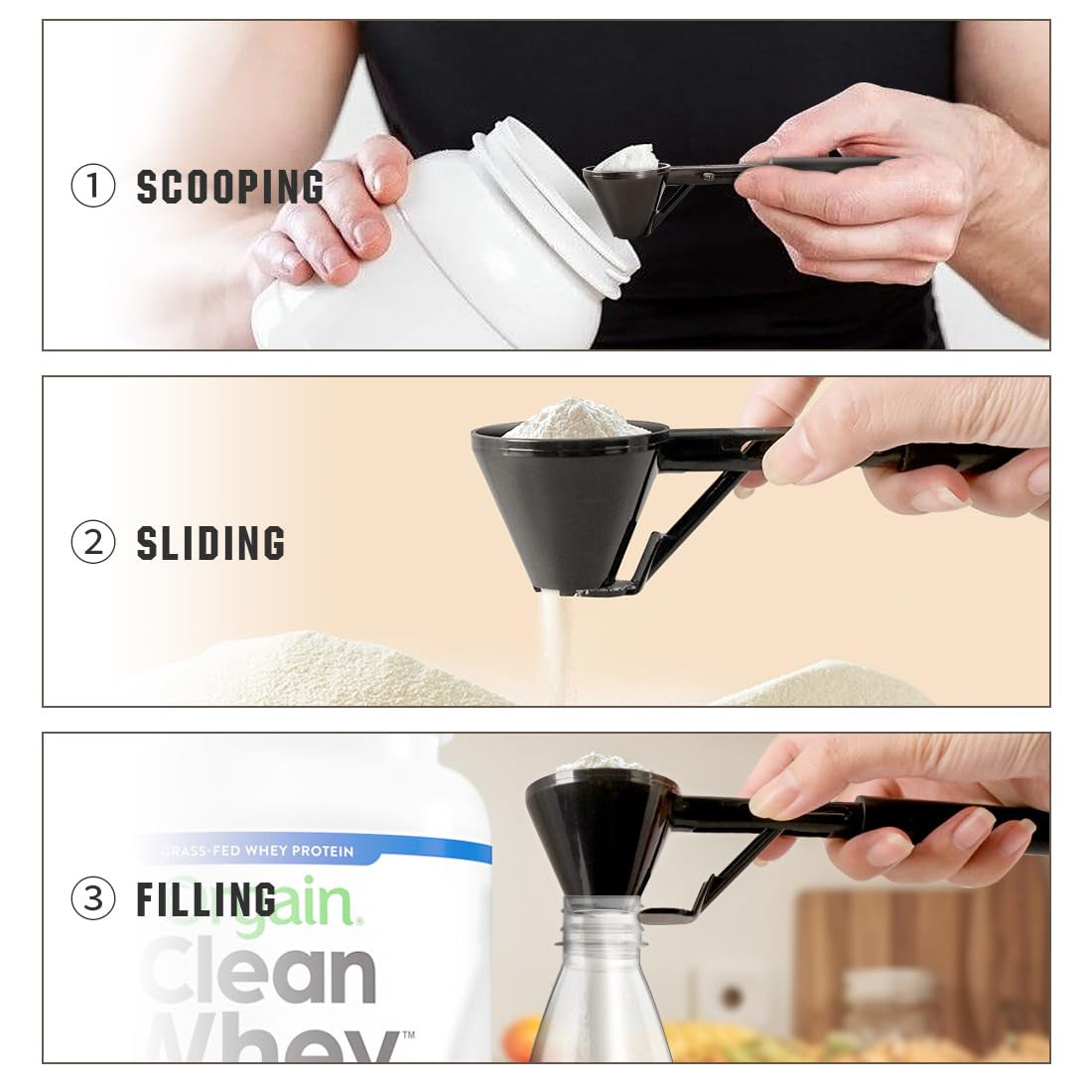 Black 2-Pack No-Spill Sliding Scoop & Funnel - Mess-Free for Protein Powder, Coffee, Formula V888-ELOSUNG27765