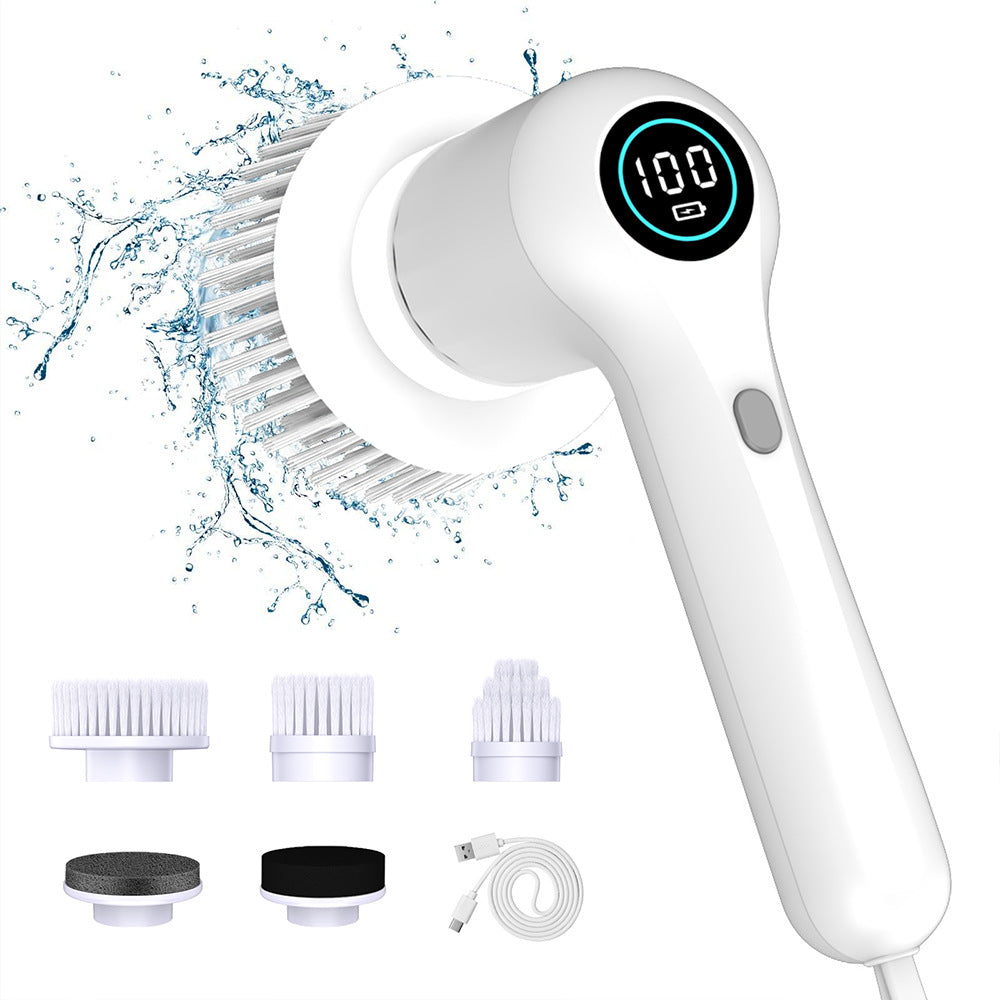 White Rechargeable Electric Spin Scrubber - Waterproof Power Cleaning Brush with 5 Heads & Digital Display V888-ELOSUNG27766