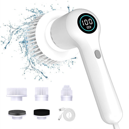 White Rechargeable Electric Spin Scrubber - Waterproof Power Cleaning Brush with 5 Heads & Digital Display V888-ELOSUNG27766