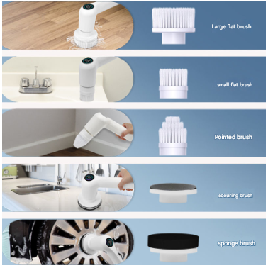 White Rechargeable Electric Spin Scrubber - Waterproof Power Cleaning Brush with 5 Heads & Digital Display V888-ELOSUNG27766