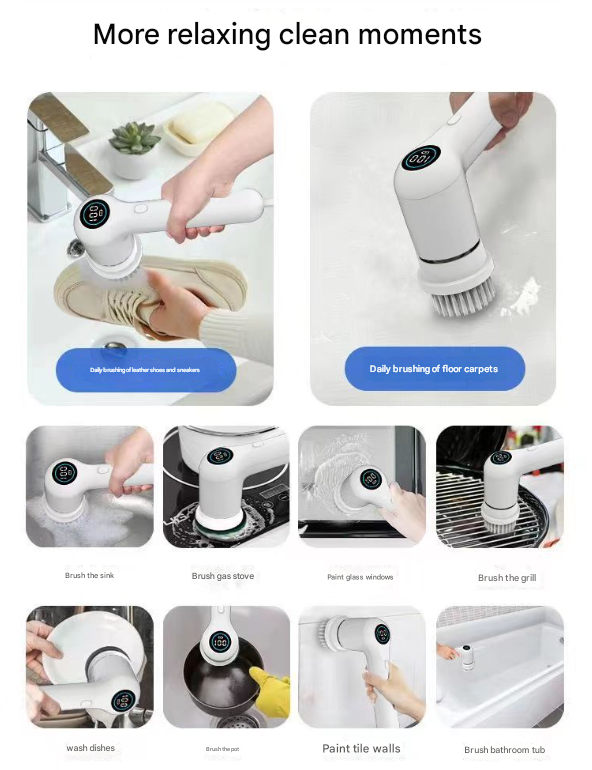 White Rechargeable Electric Spin Scrubber - Waterproof Power Cleaning Brush with 5 Heads & Digital Display V888-ELOSUNG27766