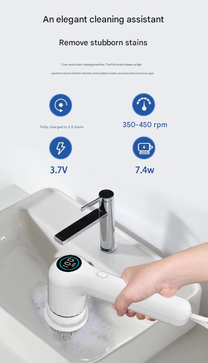 White Rechargeable Electric Spin Scrubber - Waterproof Power Cleaning Brush with 5 Heads & Digital Display V888-ELOSUNG27766