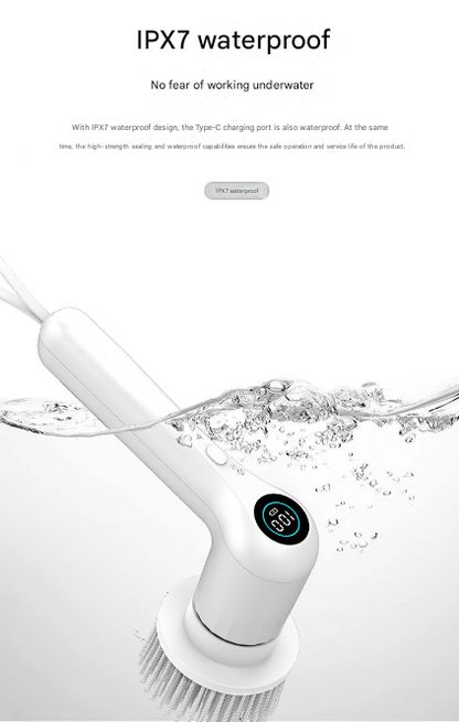 White Rechargeable Electric Spin Scrubber - Waterproof Power Cleaning Brush with 5 Heads & Digital Display V888-ELOSUNG27766