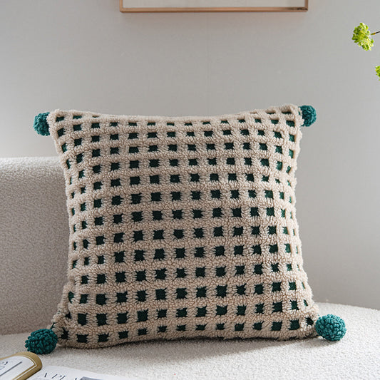 Beige and Green 3D Checkered Cushion Cover with Pom Poms - Soft Decorative Pillow Case for Sofa & Living Room V888-ELOSUNG27769