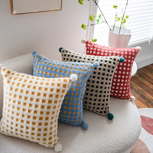 Beige and Green 3D Checkered Cushion Cover with Pom Poms - Soft Decorative Pillow Case for Sofa & Living Room V888-ELOSUNG27769