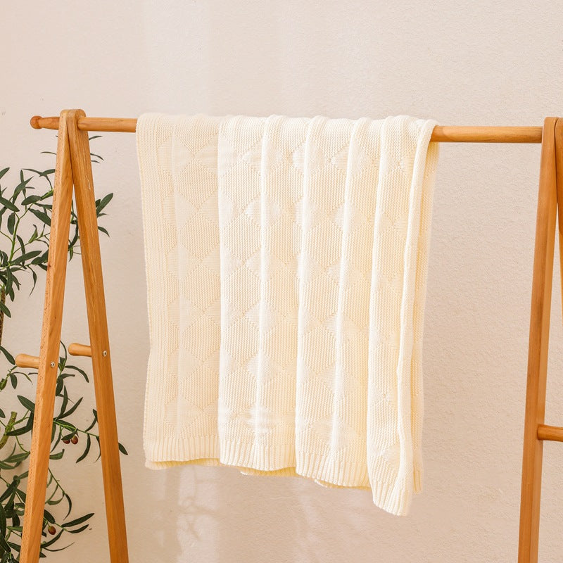Beige Cozy Lightweight Acrylic Knit Throw Blanket - Diamond Waffle Texture for Sofa, Bed & Travel V888-ELOSUNG27771
