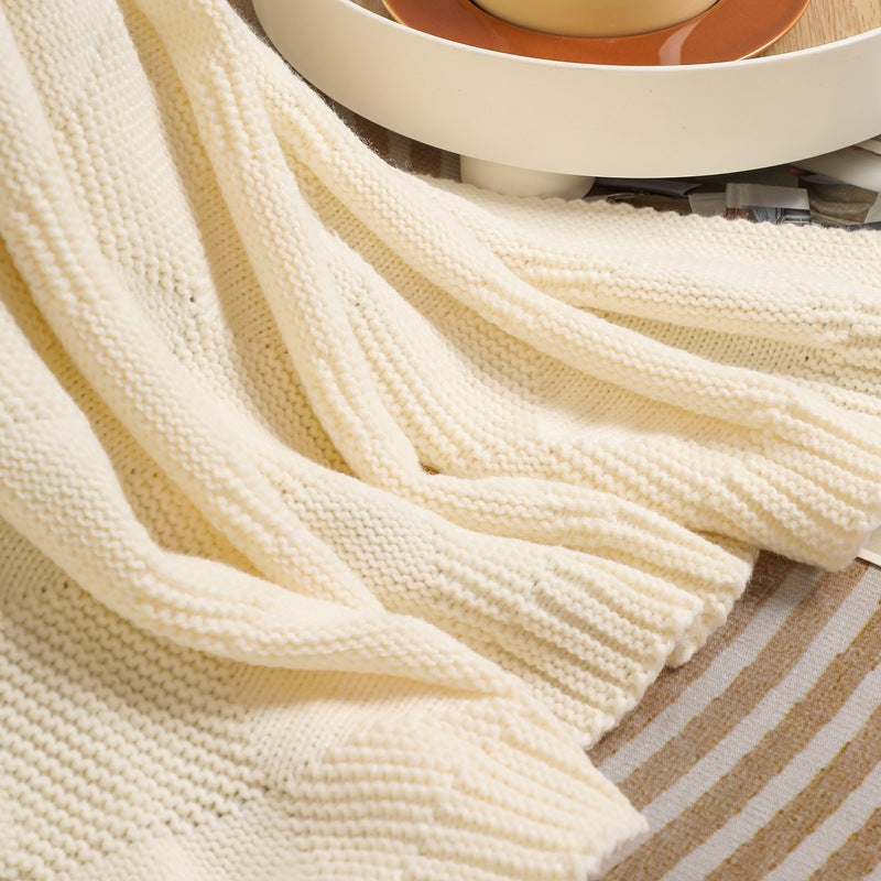 Beige Cozy Lightweight Acrylic Knit Throw Blanket - Diamond Waffle Texture for Sofa, Bed & Travel V888-ELOSUNG27771