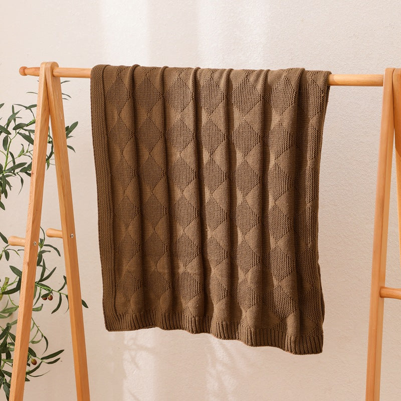 Brown Cozy Lightweight Acrylic Knit Throw Blanket - Diamond Waffle Texture for Sofa, Bed & Travel V888-ELOSUNG27772