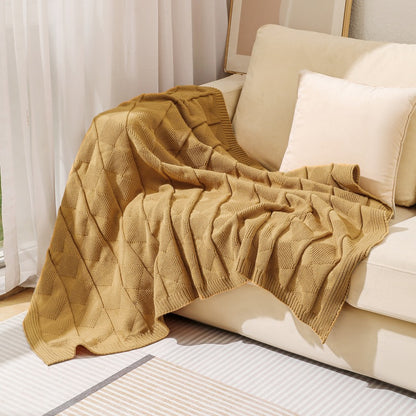 Khaki Cozy Lightweight Acrylic Knit Throw Blanket - Diamond Waffle Texture for Sofa, Bed & Travel V888-ELOSUNG27773