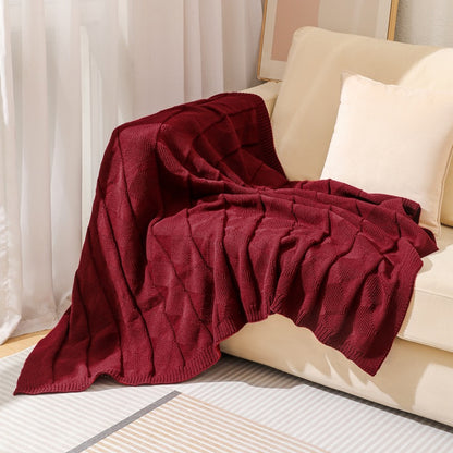 Claret Red Cozy Lightweight Acrylic Knit Throw Blanket - Diamond Waffle Texture for Sofa, Bed & Travel V888-ELOSUNG27774