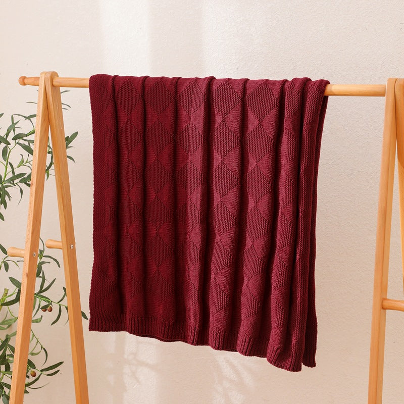 Claret Red Cozy Lightweight Acrylic Knit Throw Blanket - Diamond Waffle Texture for Sofa, Bed & Travel V888-ELOSUNG27774