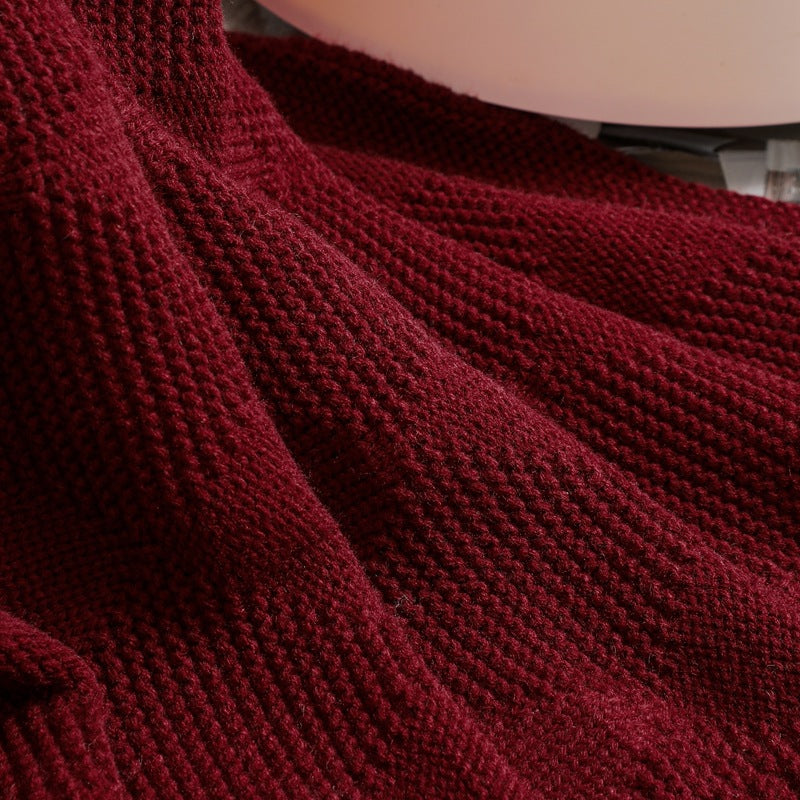 Claret Red Cozy Lightweight Acrylic Knit Throw Blanket - Diamond Waffle Texture for Sofa, Bed & Travel V888-ELOSUNG27774
