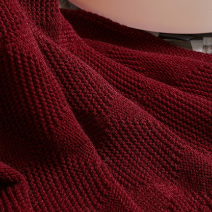 Claret Red Cozy Lightweight Acrylic Knit Throw Blanket - Diamond Waffle Texture for Sofa, Bed & Travel V888-ELOSUNG27774
