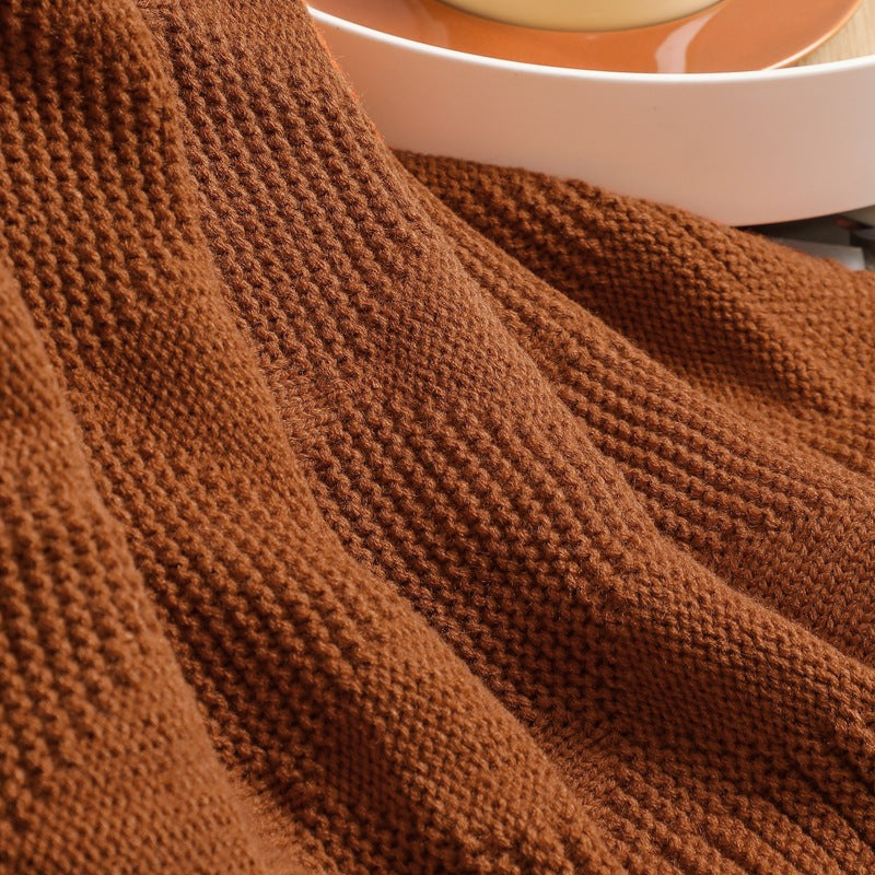Caramel Cozy Lightweight Acrylic Knit Throw Blanket - Diamond Waffle Texture for Sofa, Bed & Travel V888-ELOSUNG27775