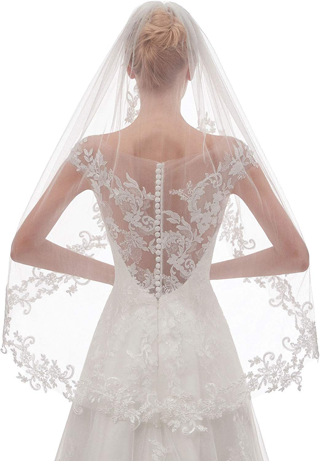 White Elegant Short Bridal Veil - Single Tier with Delicate Lace Applique Edge - Wedding Hair Accessory V888-ELOSUNG27787
