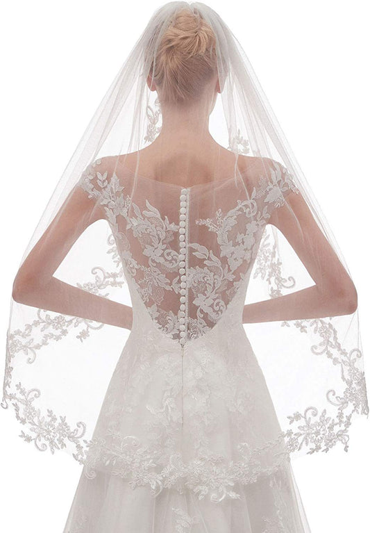 White Elegant Short Bridal Veil - Single Tier with Delicate Lace Applique Edge - Wedding Hair Accessory V888-ELOSUNG27787