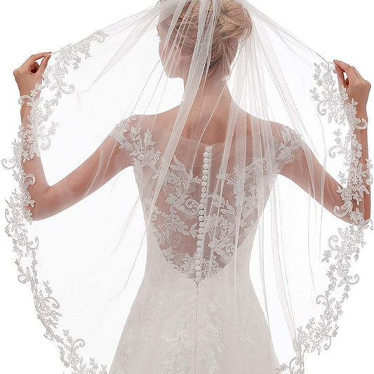 White Elegant Short Bridal Veil - Single Tier with Delicate Lace Applique Edge - Wedding Hair Accessory V888-ELOSUNG27787