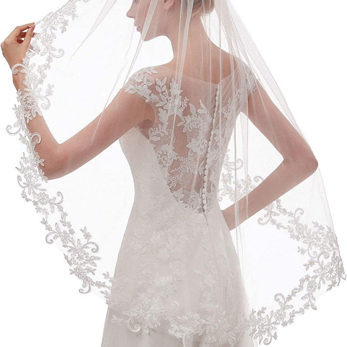 White Elegant Short Bridal Veil - Single Tier with Delicate Lace Applique Edge - Wedding Hair Accessory V888-ELOSUNG27787