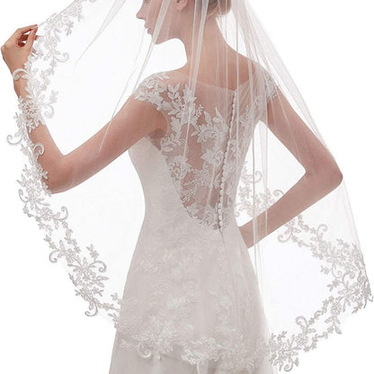 White Elegant Short Bridal Veil - Single Tier with Delicate Lace Applique Edge - Wedding Hair Accessory V888-ELOSUNG27787