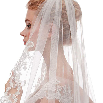 White Elegant Short Bridal Veil - Single Tier with Delicate Lace Applique Edge - Wedding Hair Accessory V888-ELOSUNG27787