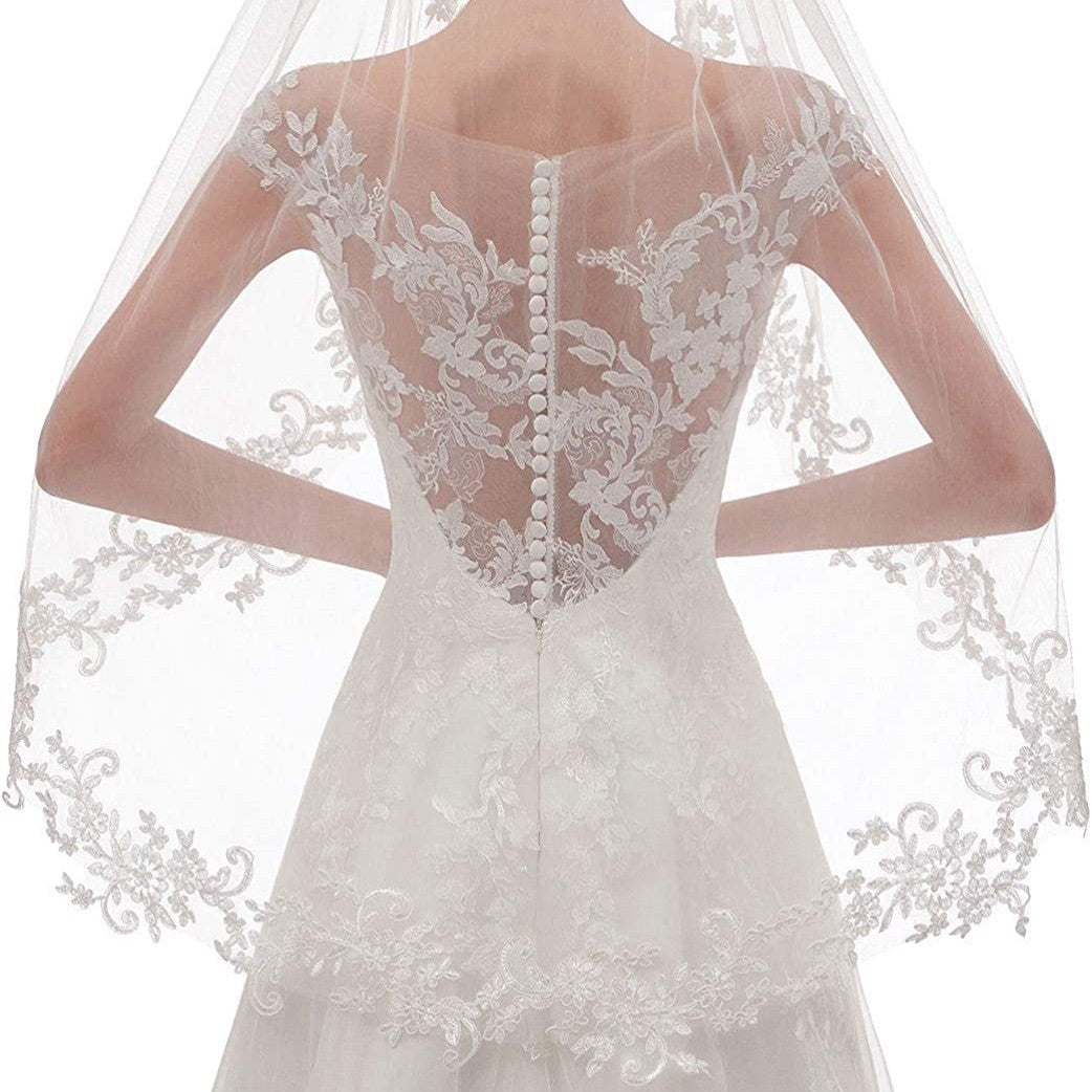 White Elegant Short Bridal Veil - Single Tier with Delicate Lace Applique Edge - Wedding Hair Accessory V888-ELOSUNG27787