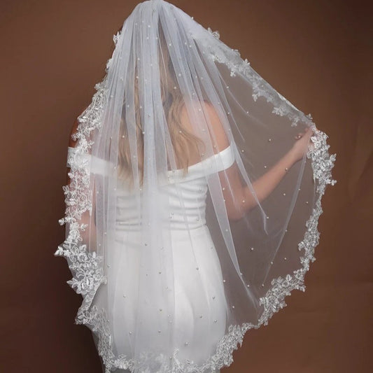 White Elegant Long Bridal Veil with Pearl Accents & Lace Edge - Includes Metal Comb V888-ELOSUNG27788