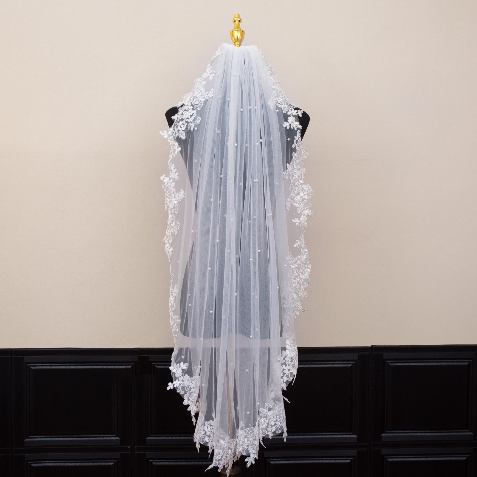 White Elegant Long Bridal Veil with Pearl Accents & Lace Edge - Includes Metal Comb V888-ELOSUNG27788
