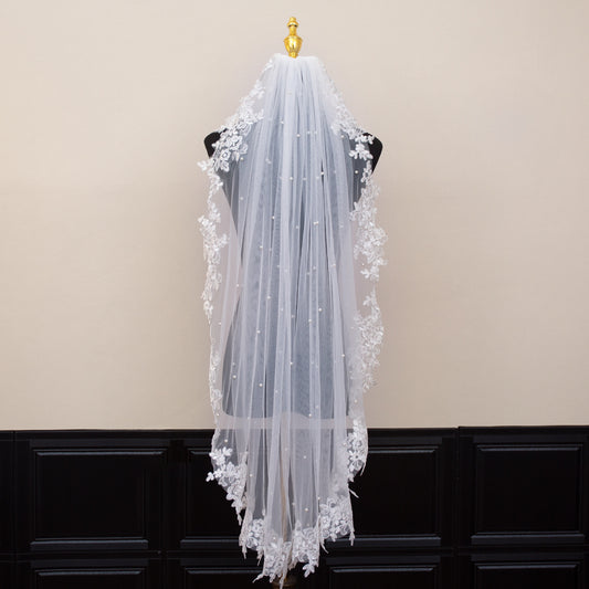 White Elegant Long Bridal Veil with Pearl Accents & Lace Edge - Includes Metal Comb V888-ELOSUNG27788