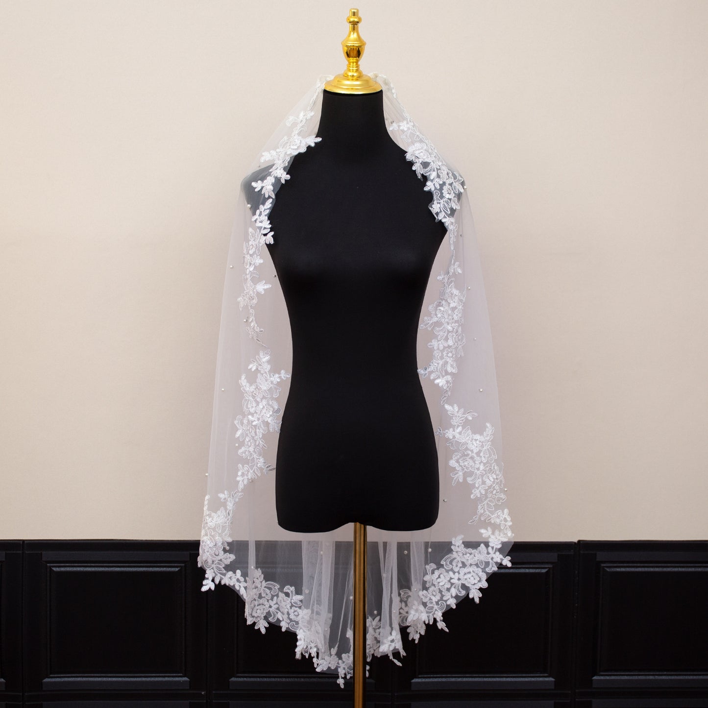 White Elegant Long Bridal Veil with Pearl Accents & Lace Edge - Includes Metal Comb V888-ELOSUNG27788
