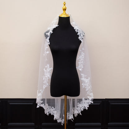White Elegant Long Bridal Veil with Pearl Accents & Lace Edge - Includes Metal Comb V888-ELOSUNG27788