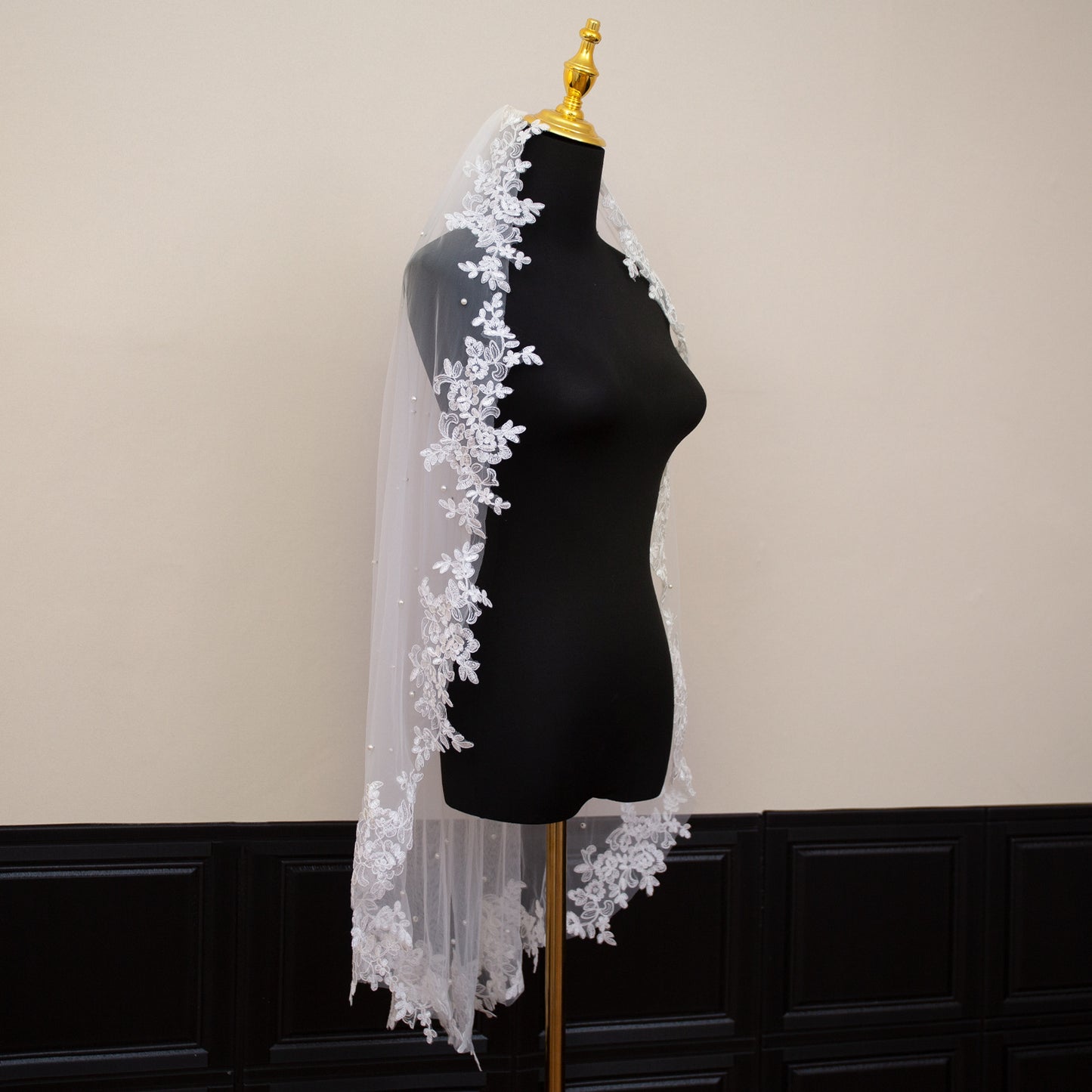 White Elegant Long Bridal Veil with Pearl Accents & Lace Edge - Includes Metal Comb V888-ELOSUNG27788