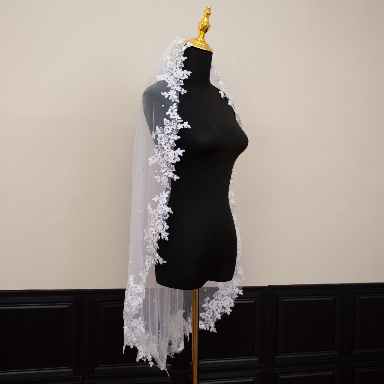 White Elegant Long Bridal Veil with Pearl Accents & Lace Edge - Includes Metal Comb V888-ELOSUNG27788