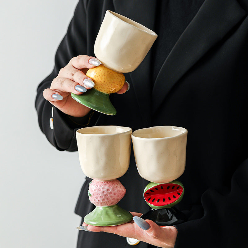 Pink Whimsical Strawberry Stem Ceramic Goblet - 150ml Hand-Painted Strawberry Design, Unique Coffee & V888-ELOSUNG27814