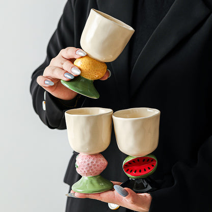 Pink Whimsical Strawberry Stem Ceramic Goblet - 150ml Hand-Painted Strawberry Design, Unique Coffee & V888-ELOSUNG27814