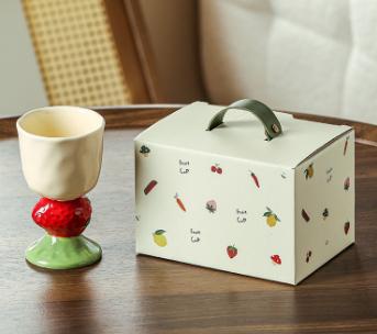 Red Whimsical Strawberry Stem Ceramic Goblet - 150ml Hand-Painted Strawberry Design, Unique Coffee & V888-ELOSUNG27816