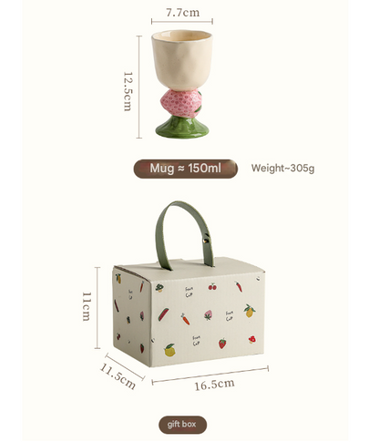 Red Whimsical Strawberry Stem Ceramic Goblet - 150ml Hand-Painted Strawberry Design, Unique Coffee & V888-ELOSUNG27816