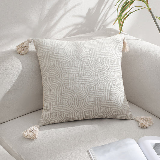 Beige Chic Geometric Jacquard Cushion Covers with Tassels - Set of 2, Plush Blend for Sofa & Bed Decor V888-ELOSUNG27818
