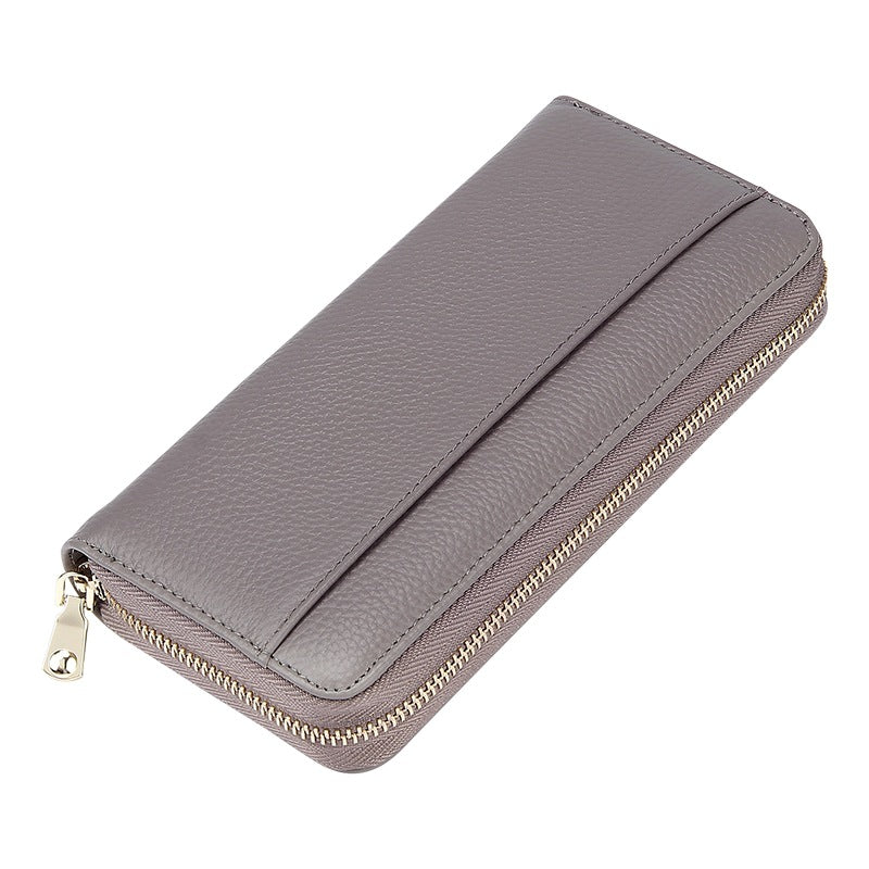 Grey Premium Genuine Leather RFID Blocking Long Wallet - Unisex Multi-Card Organizer Clutch with Zip-Around V888-ELOSUNG27842
