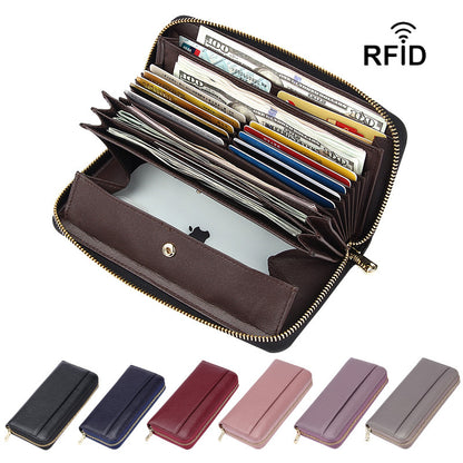 Grey Premium Genuine Leather RFID Blocking Long Wallet - Unisex Multi-Card Organizer Clutch with Zip-Around V888-ELOSUNG27842