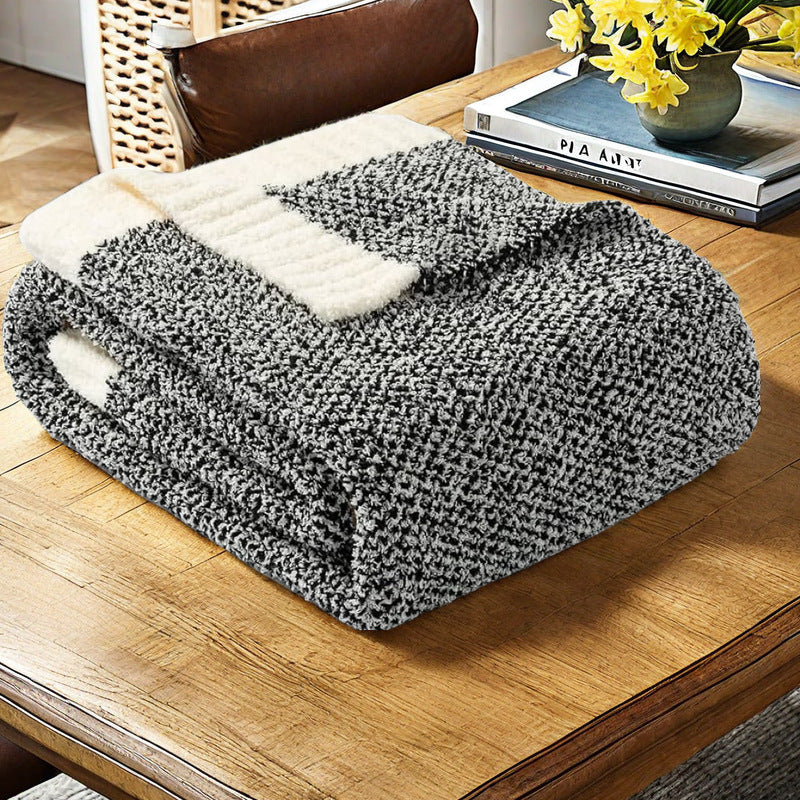 Black and White Plush Chenille-Knit Throw Blanket - Soft Cozy Polyester for Bed & Sofa | Textured Two-Tone V888-ELOSUNG27857